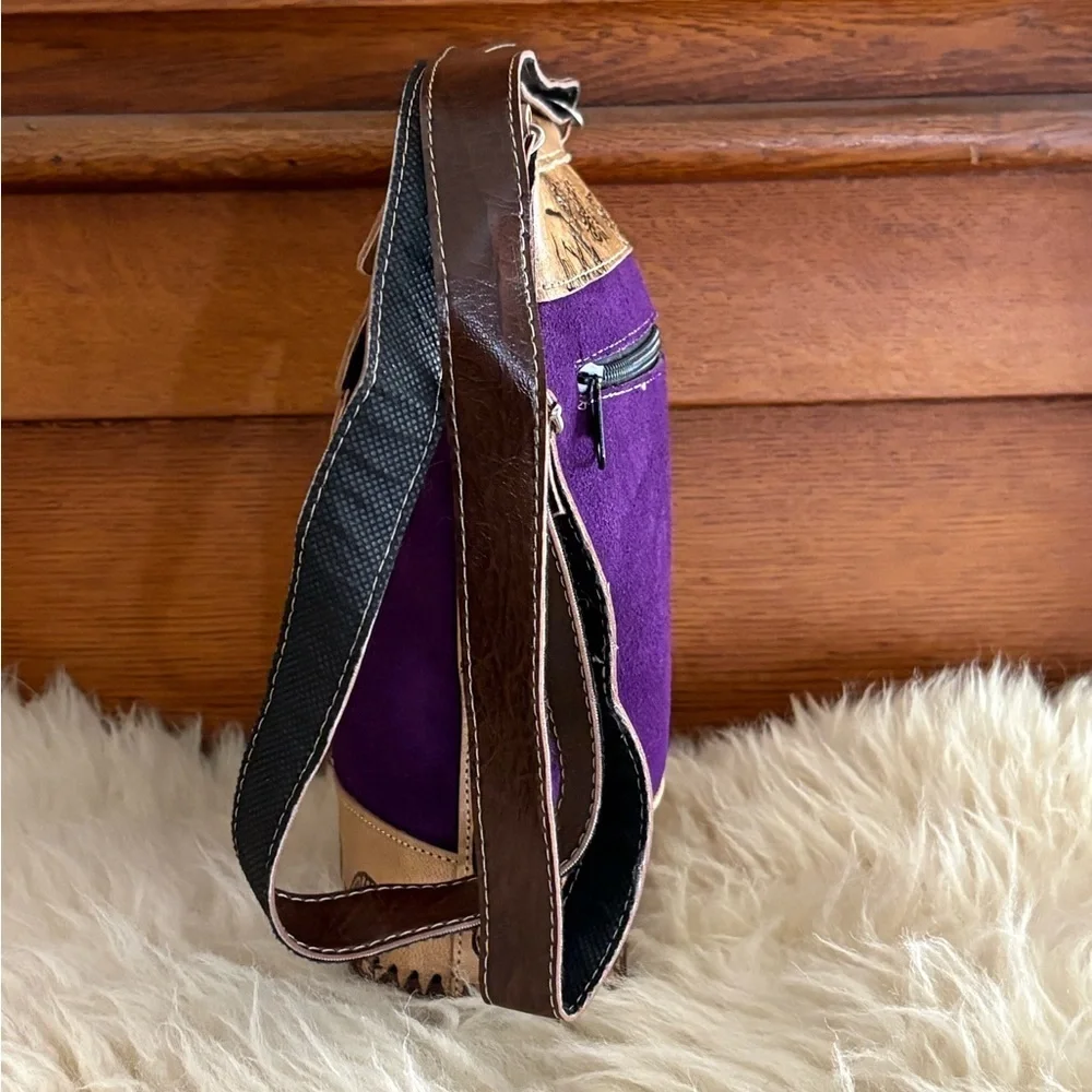 Set/2 Bolivia Bag/Passport Case Purple Suede Tan Leather Textile New
